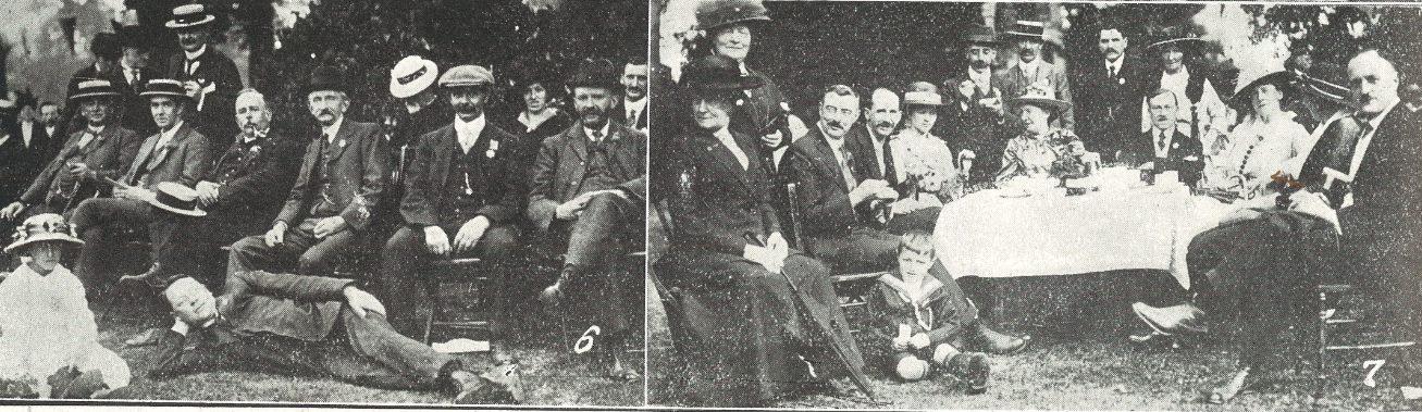 (left) 'Enjoying the shade';<br>(right) 'Another happy family at tea'<br><small><i>Cheltenham Chronicle and Gloucestershire Graphic</i> 12 August 1916</small>