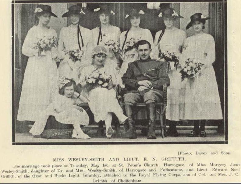 Wedding of Edward Griffith and Margery Joan Wesley-Smith in Harrogate<br><small><i>Harrogate Herald</i> 12 May 1917</small>