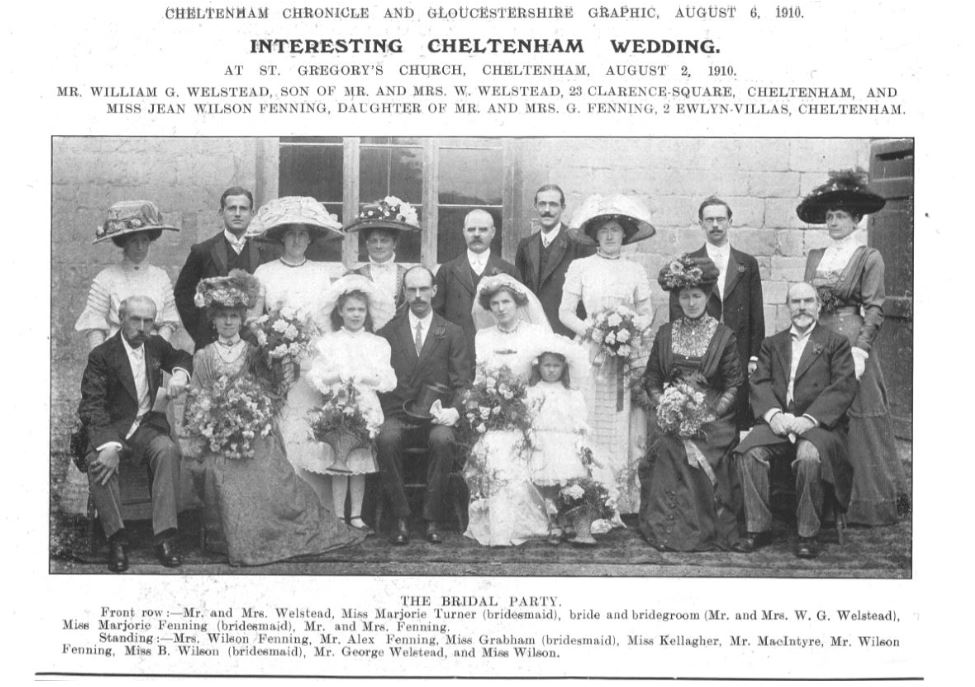 An Edwardian wedding with some extremely large hats<br><small><i>Cheltenham Chronicle and Gloucestershire Graphic</i> 6 August 1910</small>