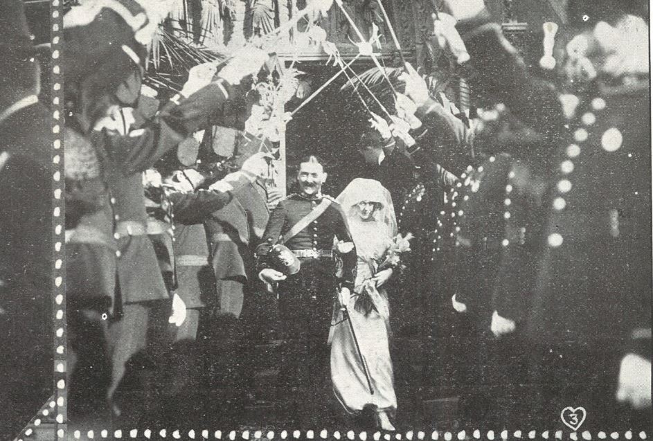 Captain Gardiner and Enid Williams leaving the church<br><small><i>Supplement</i> to the <i>Cheltenham Chronicle</i> 7 October 1911</small>