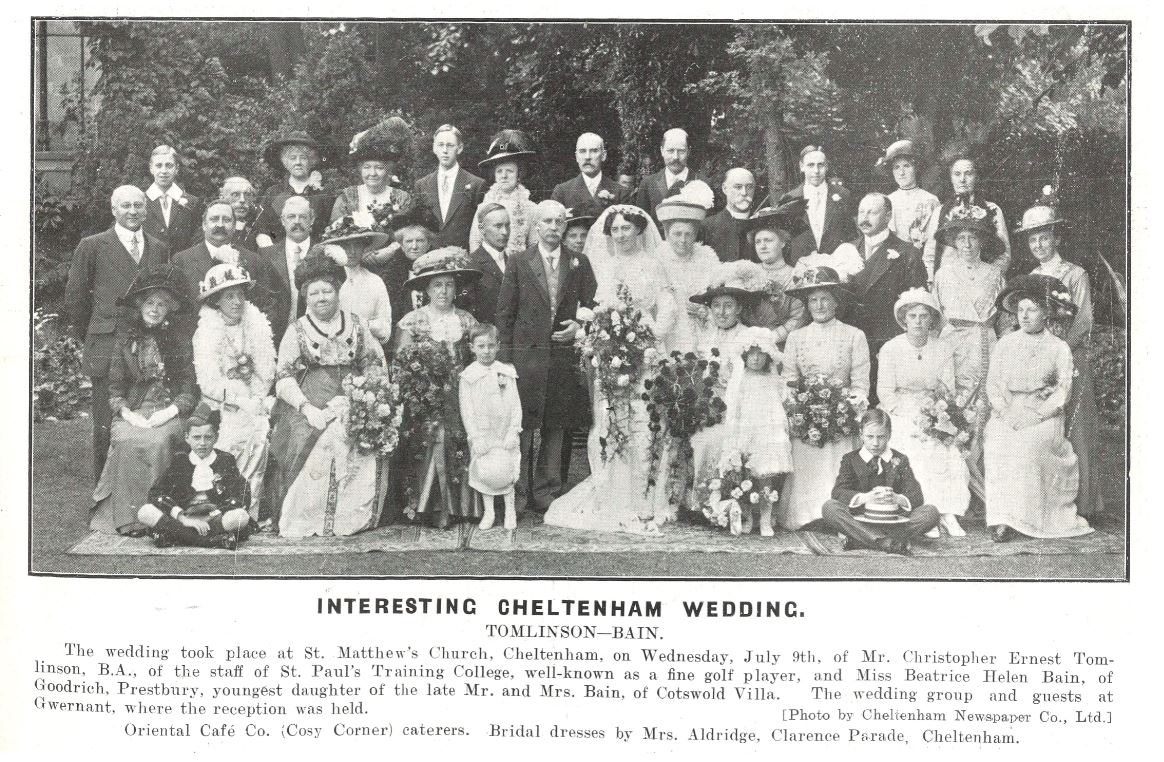 Floral displays everywhere, at another typical pre-WWI wedding<br>(watch out for a repeat of the newspaper caption later...)<br><small><i>Cheltenham Chronicle and Gloucestershire Graphic</i> 12 July 1913</small>