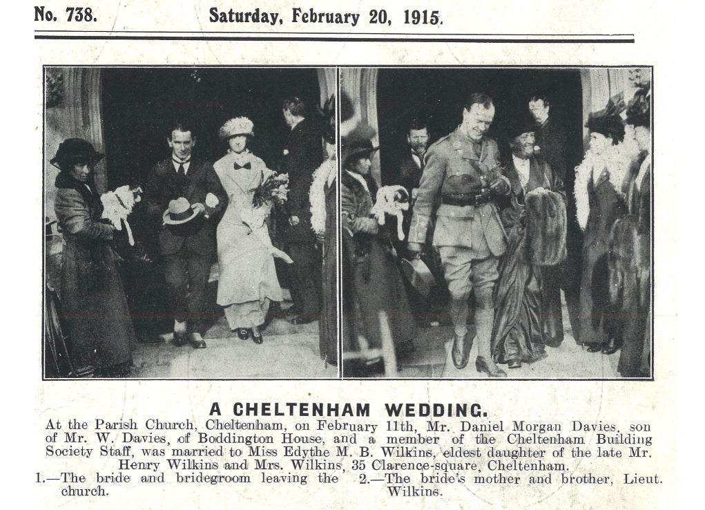 A wartime wedding, and time for shorter skirts, and smaller hats, and uniforms<br><small><i>Cheltenham Chronicle and Gloucestershire Graphic</i> 20 February 1915</small>