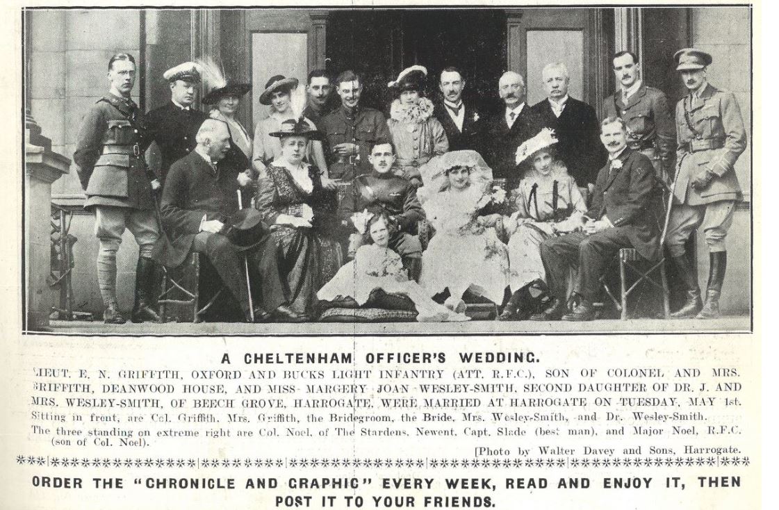 Family group at the wedding of Edward Griffith and Margery Joan Wesley-Smith in Harrogate<br><small><i>Supplement</i> to the <i>Cheltenham Chronicle</i> 17 May 1917</small>