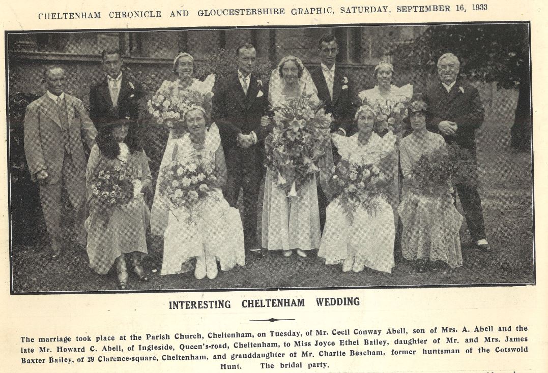 During the 1930s longer dresses came back into fashion again, as at Joyce Bailey's wedding in 1933.<br><small><i>Cheltenham Chronicle and Gloucestershire Graphic</i> 16 September 1933</small>