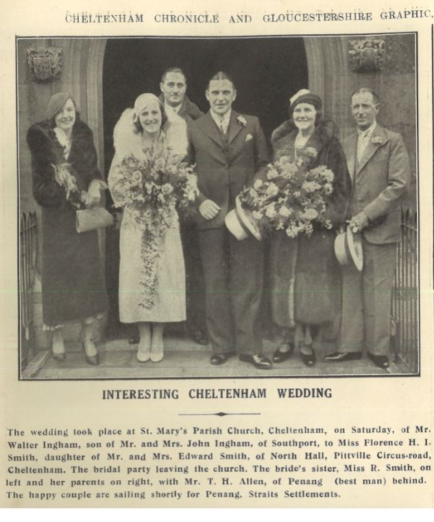 This 1934 wedding (Florence Smith) was a restrained affair compared to some of the elaborate pre-war weddings.<br>But they all seem happy enough.<br><small><i>Cheltenham Chronicle and Gloucestershire Graphic</i> 13 January 1934</small>