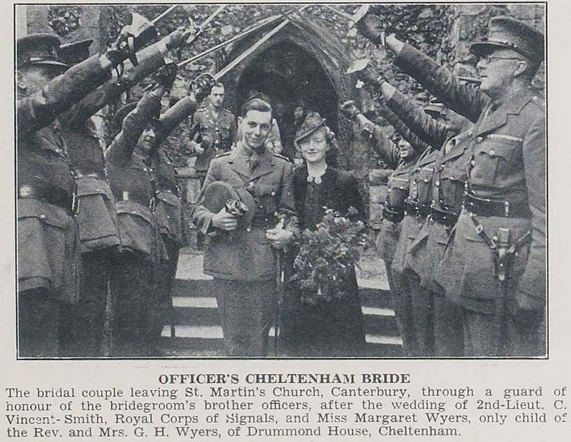 Another wedding from the early months of the Second World War<br>– the bride in a simple outfit and the groom in uniform with a military guard of honour.<br><small><i>Cheltenham Chronicle and Gloucestershire Graphic</i> 18 November 1939</small>