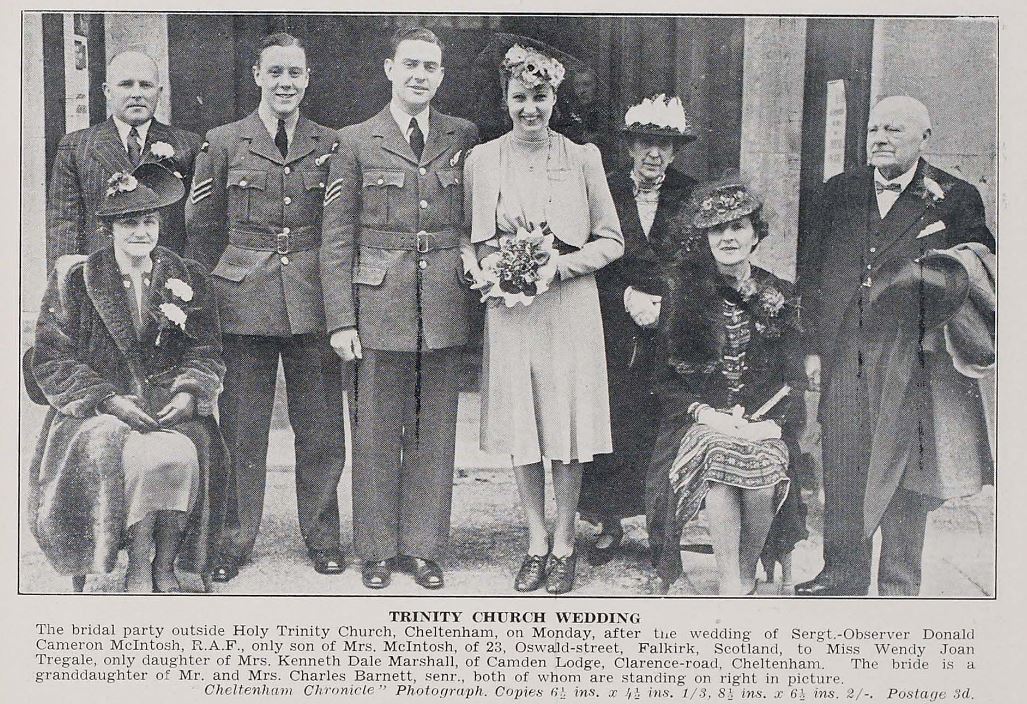 A wedding from 1941 with the groom and best man in RAF uniform and the bride in a simple dress.<br><small><i>Cheltenham Chronicle and Gloucestershire Graphic</i> 12 April 1941</small>
