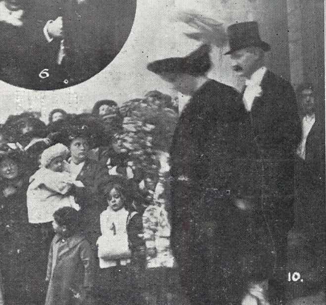 Reginald and his bride leaving the Church after their wedding<br><small><i>Supplement</i> to the <i>Cheltenham Chronicle</i> 9 December 1911</small>