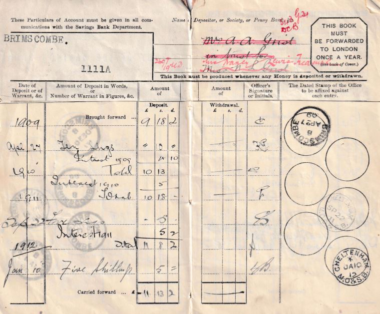 Adelaide's Post Office book, showing move to Cheltenham by 1911