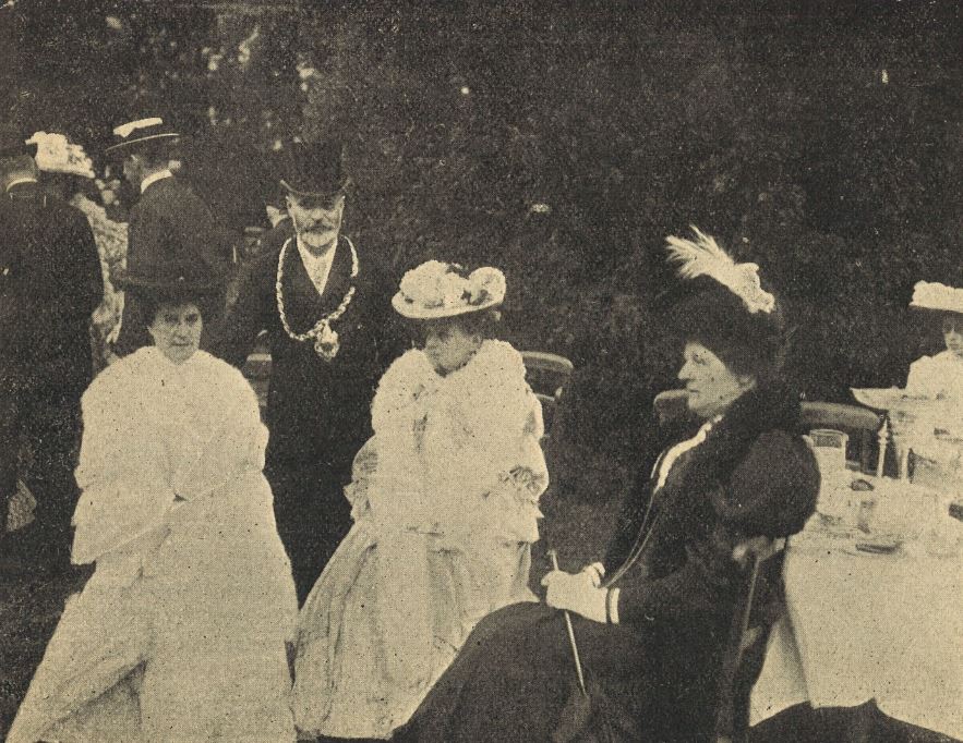 The Mayor, George Dimmer, introduces his guests to the camera at his Garden Party: smile please!<br><small><i>Cheltenham Chronicle and Gloucestershire Graphic</i> 15 July 1905</small>