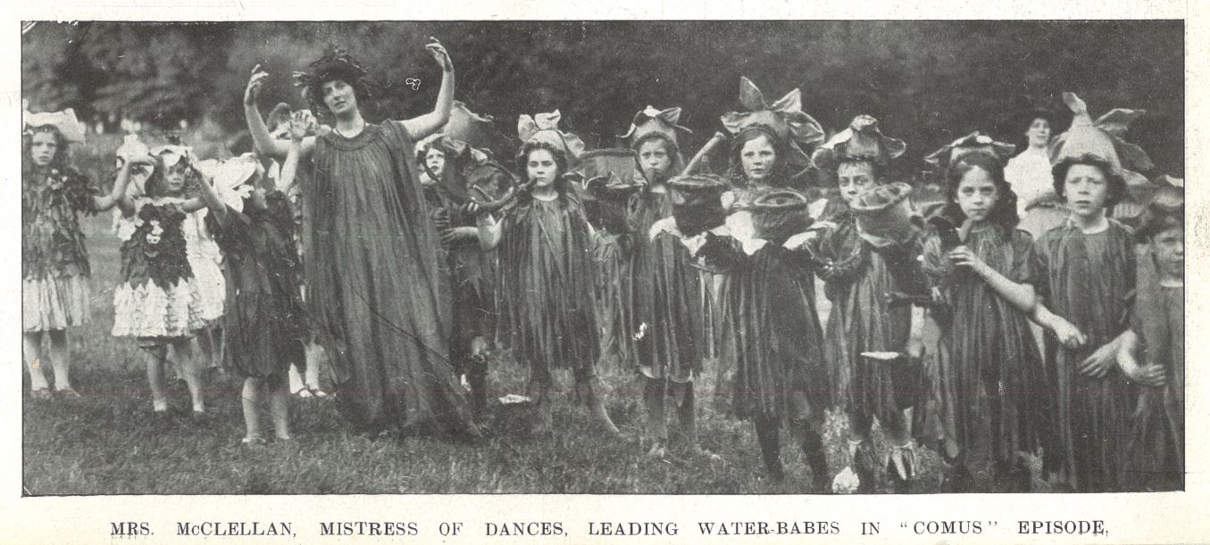 Mrs McClellan leads the dance in <i>Comus</i><br><small><i>Cheltenham Chronicle and Gloucestershire Graphic</i> 11 July 1908</small>