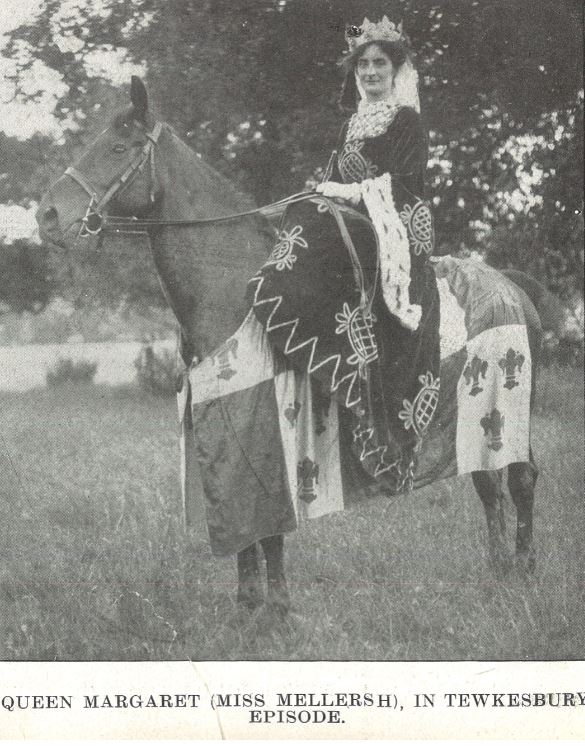 Miss Winifred Mellersh of The Gryphons (presumably), on her charger<br><small><i>Cheltenham Chronicle and Gloucestershire Graphic</i> 25 July 1908</small>