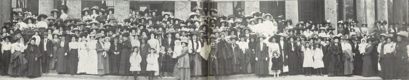 Just one section of the Cheltenham Women's Liberal Association posing for the camera at their Garden Party in Pittville Gardens on 28 June 1911<br><small><i>Cheltenham Chronicle and Gloucestershire Graphic</i> 8 July 1911</small>