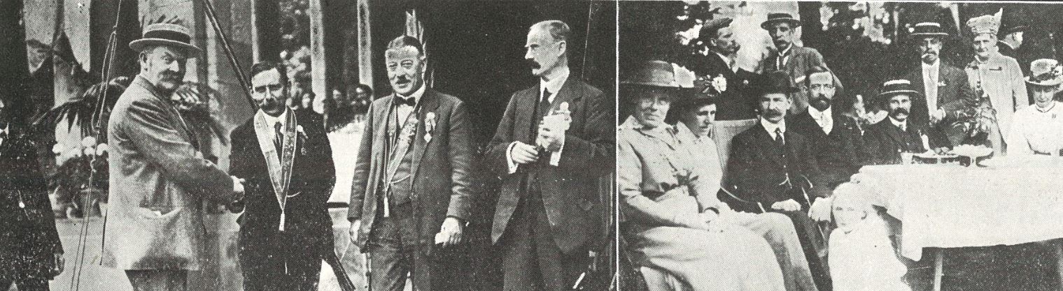 (left) Brothers Paish, Steele, and Bastin from the Ancient Order of Foresters receiving the visitors<br>(right) 'A merry party at tea'<br><small><i>Cheltenham Chronicle and Gloucestershire Graphic</i> 12 August 1916</small>