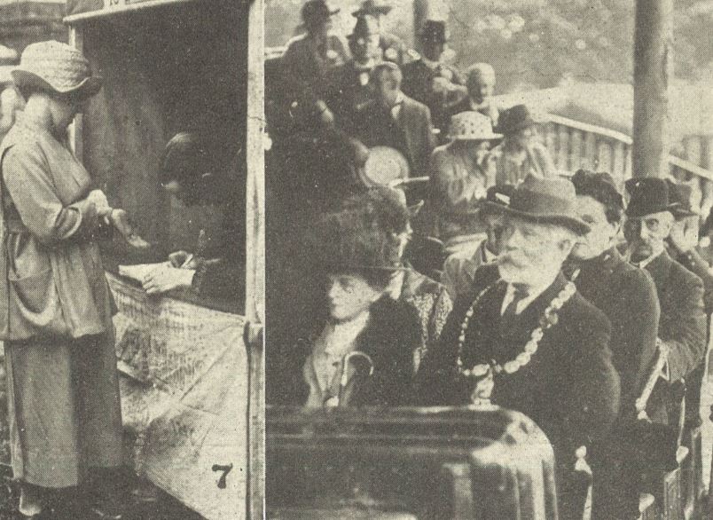 (left) 'Having her palm read by a professional';<br>(right) The Mayor and Mayoress have a ride on the roundabouts with Mr. Welstead and others'.<br>What are we waiting for? The big scenic train to go past?<br><small><i>Cheltenham Chronicle and Gloucestershire Graphic</i> 17 July 1920</small>