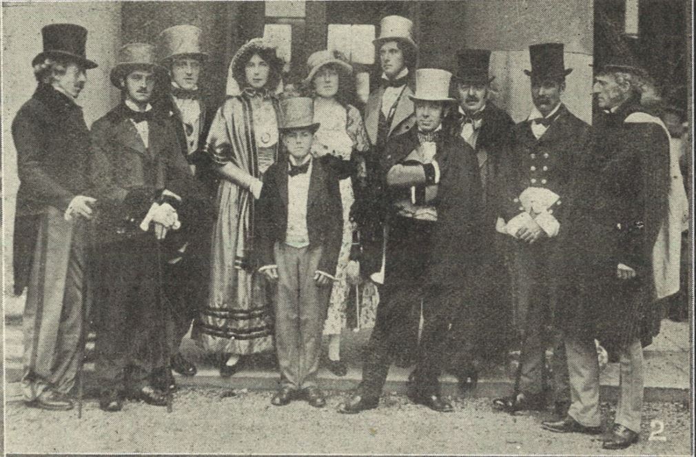 'Messrs. Barnett, Williams, H. O. Barnett, Miss M. Elliot, Master C. Jessop,<br>Miss Booth, Messrs. W. Banks (who won first prize for character impersonation),<br>H. Hall, Phillips, Hole, and Hannam-Clarke as various characters of the period'<br><small><i>Cheltenham Chronicle and Gloucestershire Graphic</i> 2 October 1920</small>