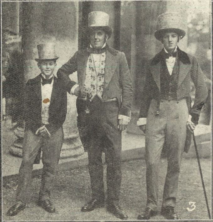 'Mr. Hylton Jessop and his two sons, as H.R.H. the Duke of Gloucester,<br>Master Burke (Master C. Jessop), and the Earl of Berkeley (Mr. Walter Jessop)'<br><small><i>Cheltenham Chronicle and Gloucestershire Graphic</i> 2 October 1920</small>