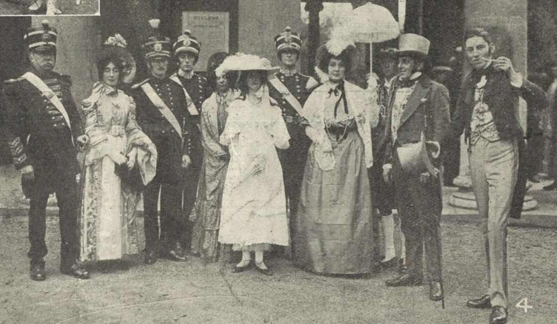 'The Duchess of Kent (Mrs. A. W. Martyn, who won first prize for costume),<br>Princess Victoria (Miss Leeson), and their retinue, Mr. Marshall, M. C. (Mr. Guthrie) on right'<br><small><i>Cheltenham Chronicle and Gloucestershire Graphic</i> 2 October 1920</small>