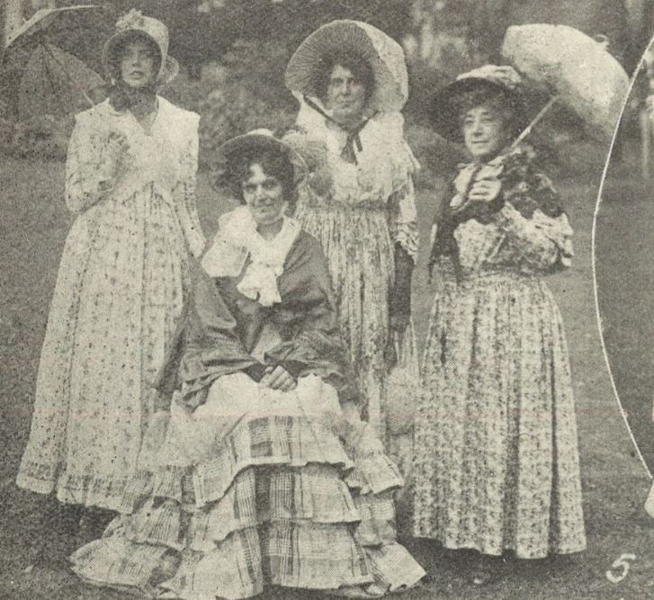 'Mrs. Higgs (seated), Miss Joyner, Miss Briggs, and Miss Wilton (ladies of the period)'<br><small><i>Cheltenham Chronicle and Gloucestershire Graphic</i> 2 October 1920</small>