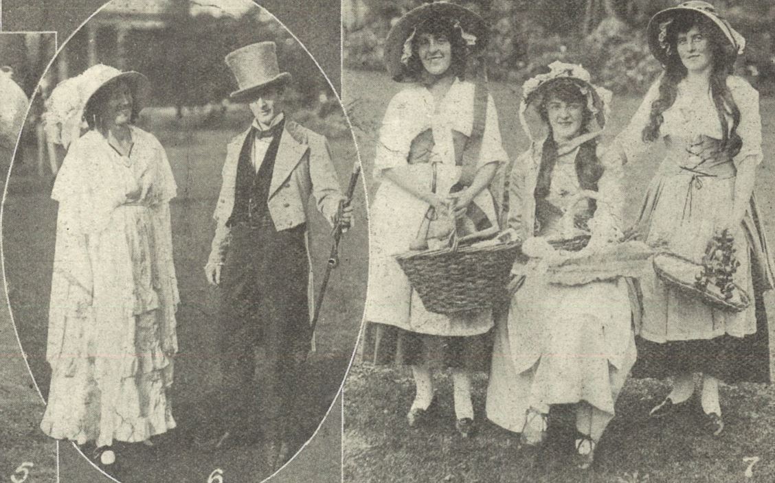 (left) 'Mrs. Seacome and Mr. R. Tomlinson, as Lady and Lord Sherborne'<br>(right) 'Misses Dunn, Leach, and Thomas, who each sang a London street-cry song'<br><small><i>Cheltenham Chronicle and Gloucestershire Graphic</i> 2 October 1920</small>