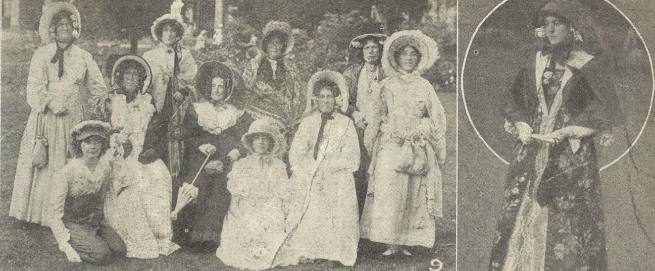 (left) 'Members of the Primrose League who performed. Mrs. Child, seated in centre, won first prize for best bonnet'<br>(right) 'Miss Bastard, as Madame Malibran, won fourth prize for beautiful costume'<br><small><i>Cheltenham Chronicle and Gloucestershire Graphic</i> 2 October 1920</small>