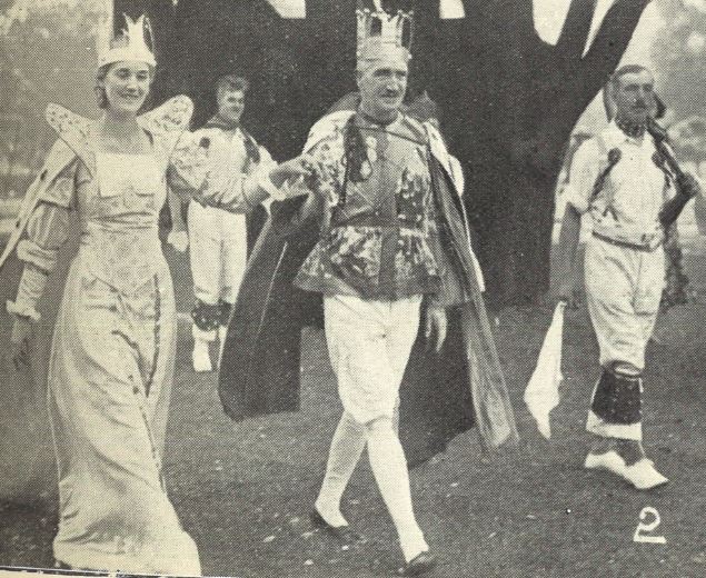 'The entry of the King and Queen (spectacular figures in one of the dances)'<br>- just in case you thought they were the real thing<br><small><i>Cheltenham Chronicle and Gloucestershire Graphic</i> 7 July 1934</small>