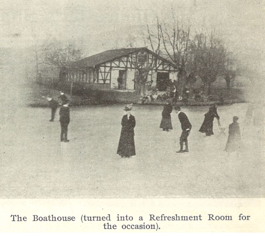 On 14 February the <i>Echo</i> reported that 'The ice at Pittville Lake is in a splendid condition. Hot refreshments, including bovril, are provided at the boathouse. The gardens will be illuminated at night by two large Wells lights, and will be kept open till ten o’clock, so that tradesmen and their assistants will be able to share in the pleasure afforded'.<br><small><i>Supplement</i> to the <i>Cheltenham Chronicle</i> 22 February 1902</small>