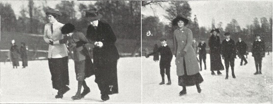 (left) 'Taking a novice round'; (right) 'A good skater'<br><small><i>Supplement</i> to the <i>Cheltenham Chronicle</i> 10 February 1912</small>