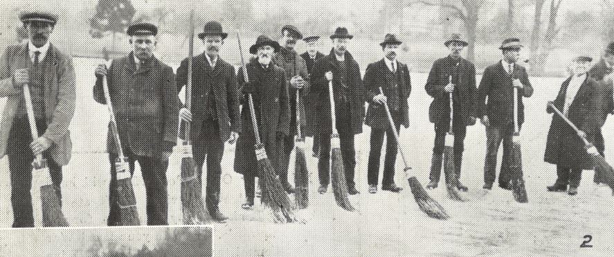 'The Sweeping Brigade, who are very busy removing the snow from some splendid ice'<br><small><i>Supplement</i> to the <i>Cheltenham Chronicle</i> 3 February 1917</small>