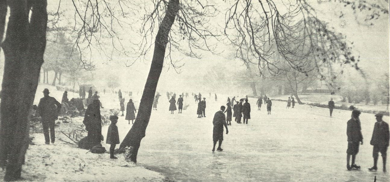 'A snap on Friday morning, when the lake in the Annexe was first open for skating. Dr. Smerthwaite, a very fine skater, is in the centre of foreground, wearing a sweater'<br><small><i>Supplement</i> to the <i>Cheltenham Chronicle</i> 12 December 1925</small>