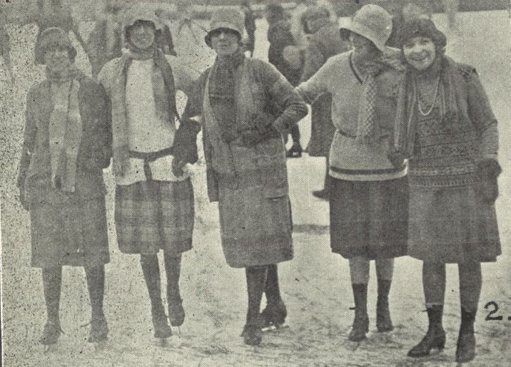 'The three Misses Travess, Mrs. Arney, and Miss Elsie James on skates'<br><small><i>Supplement</i> to the <i>Cheltenham Chronicle</i> 23 February 1929</small>
