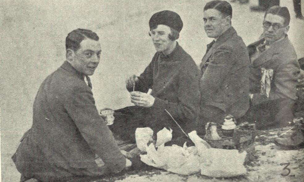 'Afternoon tea on the bank: Messrs. Forbes (extreme left) and C. Jessop (third from left)'<br><small><i>Supplement</i> to the <i>Cheltenham Chronicle</i> 23 February 1929</small>