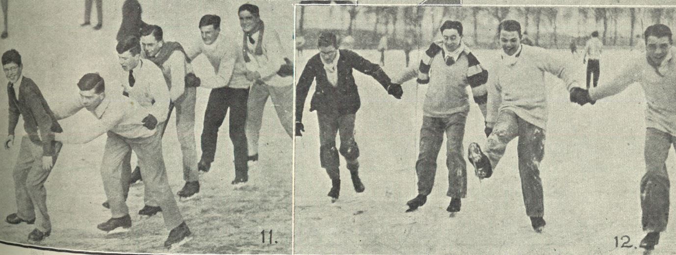 (left) 'The head of a College 'serpent''; (right) 'Four members of the College XV had a great time. From right: Messrs. O'Dwyer (captain), Bryce-Smith (just about to crash), and Ekin'<br><small><i>Supplement</i> to the <i>Cheltenham Chronicle</i> 23 February 1929</small>