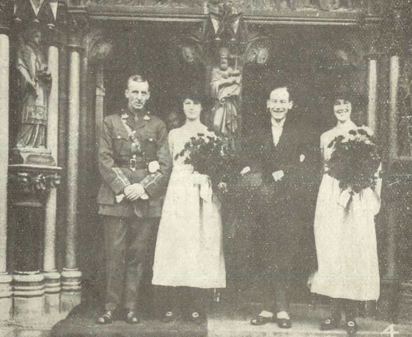 Smiles amidst the gloom as Armistice Day approaches, at the wedding of Nancy Lewis Grist of Wellington Square<br><small><i>Cheltenham Chronicle and Gloucestershire Graphic</i> 2 November 1918</small>
