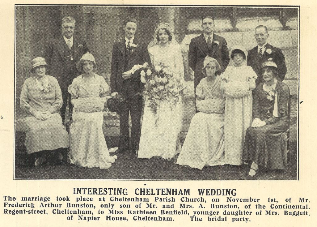 Kathleen Benfield's wedding in 1933.<br><small><i>Cheltenham Chronicle and Gloucestershire Graphic</i> 11 November 1933</small>