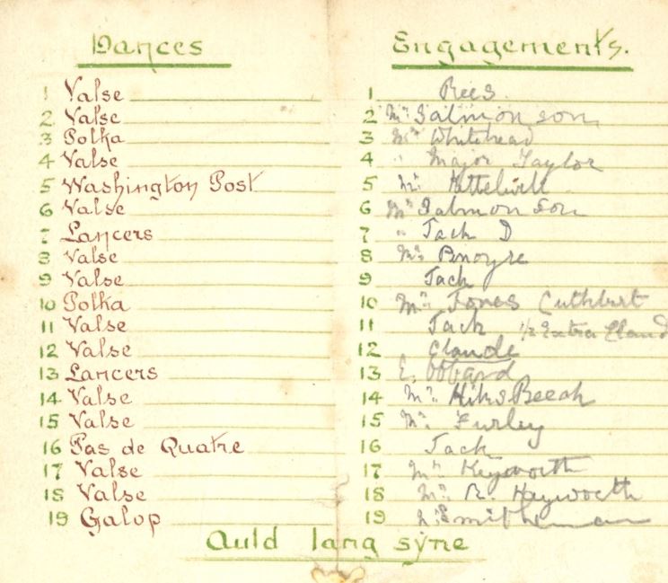 This was Wynnifred's dance card. Some of her partners were young men from the Pittville area; Mr Hicks Beach was presumably related to Sir Michael Hicks Beach who was Chancellor of the Exchequer at the time.