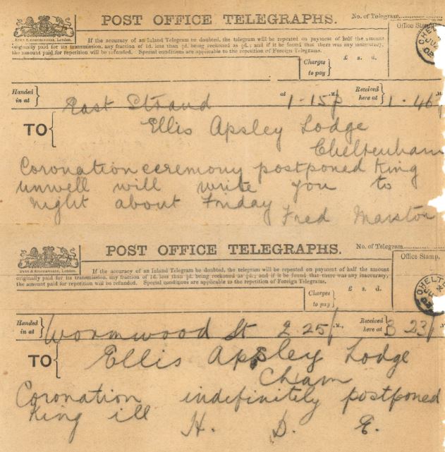 1902: a telegram notifying Wynnifred that the coronation of Edward VII was postponed<br>because of the king's illness